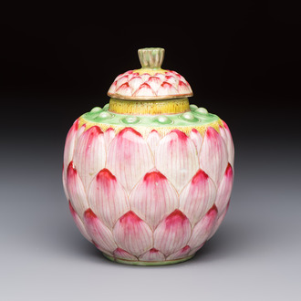 A Chinese famille rose 'Lotus Bud' tea caddy and cover, Qianlong mark, 19th C.