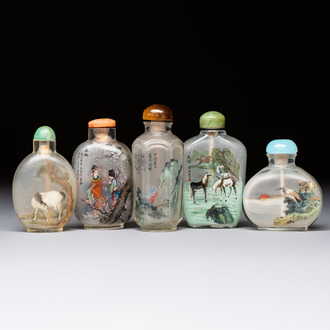 Five Chinese inside-painted snuff bottles, signed Chen Runpu 陈润璞 and Sun Xuecun 孙雪村, 20th C.