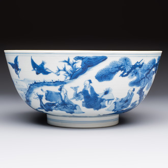 A Chinese blue and white bowl with scholars among cranes and deer, Kangxi mark and of the period