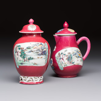 A Chinese famille rose ruby-ground 'Landscape Scroll' covered tea caddy and a covered milk jug, Yongzheng