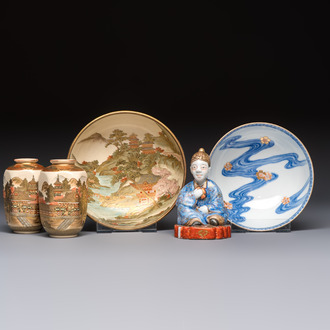 A Japanese Satsuma bowl, a pair of vases, a polychrome figure, and a marked Koransha bowl, 19/20th C.