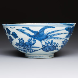 A Chinese blue and white 'Pheasants' bowl, Chenghua mark, late Ming