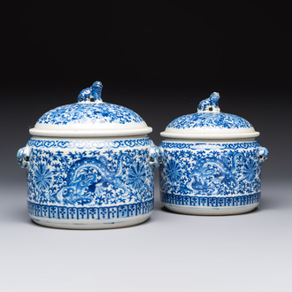 Two Chinese blue and white 'Chilong' covered warming bowls, Guangxu mark and of the period