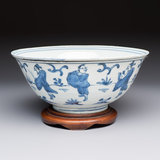 A Chinese blue and white 'Eight Immortals' bowl on a wooden stand, Chenghua mark, late Ming