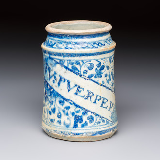 A blue and white Antwerp maiolica albarello inscribed 'PV:PVERPERL', 16th C.