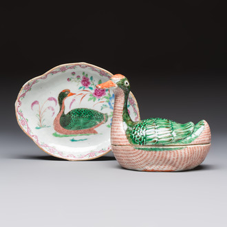 A Chinese export famille rose goose-form tureen and stand, Qianlong