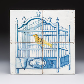A polychrome Dutch Delft four-tile panel with a canary in a cage, 18th C.