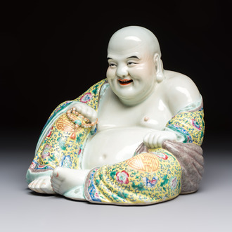 A Chinese famille rose Milefo Buddha, Ye Yunhong Zao 葉運紅造 mark, Republic