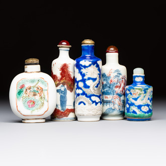 Five Chinese copper-red, blue and white, and polychrome snuff bottles, Yongzheng and Daoguang marks, 19/20th C.