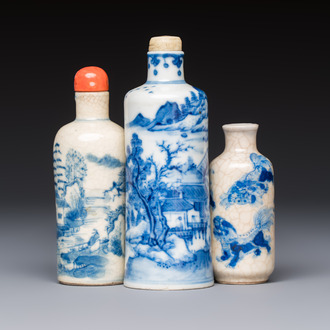 Three Chinese blue and white snuff bottles with landscapes and 'Buddhist Lions', Yongzheng marks, 19th C.