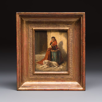 Charles van der Eycken (Belgium, 1859-1923): 'Monkey and Maltese', oil on panel, 19th C.