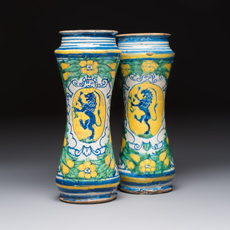 A pair of polychrome Italian maiolica armorial albarelli, Trapani, ca. 1600