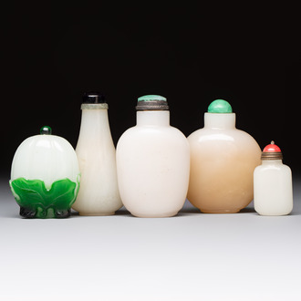 Five Chinese white jade and glass snuff bottles, 19/20th C.