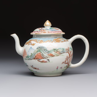 A fine Chinese famille rose 'Mountainous Landscape' teapot, Yongzheng