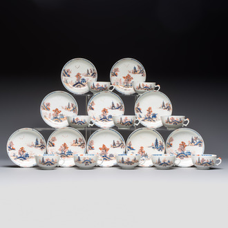 Ten Chinese Imari-style 'Riverscape' cups and saucers, Qianlong