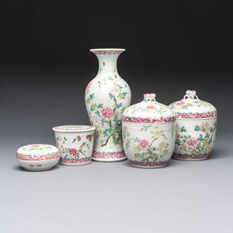 Five Chinese famille rose wares with floral design, Qianlong and Hongxian marks, Republic