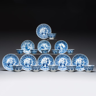 11 Chinese blue and white cups and 9 saucers, Kangxi and jade marks, Kangxi and later