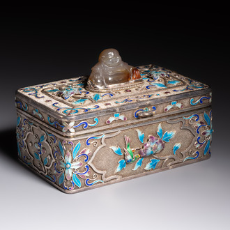 A Chinese enamelled silver rectangular casket adorned with an agate Millefo Buddha, 20th C.