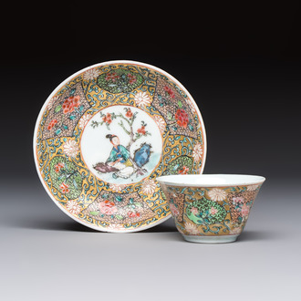 A fine Chinese famille rose gilt-decorated 'Elegant Beauty' cup and saucer, Yongzheng