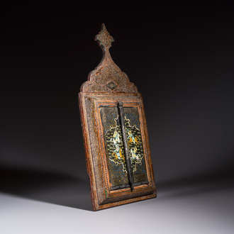 A Persian painted and Khatam Kari-inlaid wooden mirror with two doors, Qajar, 19th C.