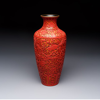 A Chinese two-colour lacquer 'Goldfish' vase, Republic