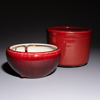 A Chinese flambé-glazed bowl and a copper-red-glazed tripod censer, 19th C.