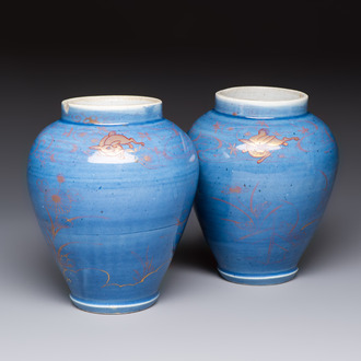 A rare pair of Japanese gilt-decorated blue-ground vases, Edo, late 17th C.