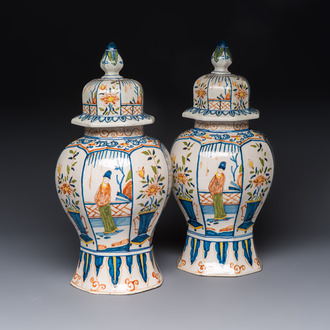 A pair of polychrome Dutch Delft chinoiserie vases, Tichelaar, Makkum, Friesland, 19/20th C.