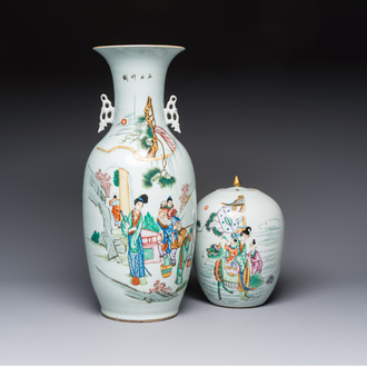 A Chinese famille rose vase with figural design and a covered jar, 19/20th C.