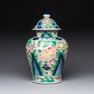A French wucai-style 'Flying Horses' vase and cover, Samson, Paris, 19th C.