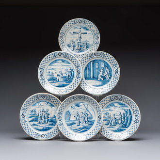 Six blue and white Dutch Delft 'Biblical Subject' plates, probably Friesland, Makkum, 18th C.