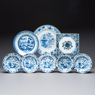 Six Chinese blue and white plates, a dish and a large tile, Yongzheng/Qianlong
