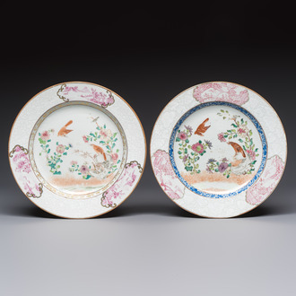 Two Chinese famille rose 'Magpie and Peony' plates with bianco-sopra-bianco rims, Yongzheng