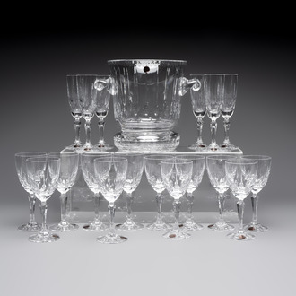A French crystal wine cooler, six champagne flutes, six wine glasses and six water glasses, in original Arnauld de Brissac boxes, 1970s
