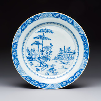 A Chinese blue and white dish with landscape design, Qianlong
