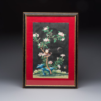 Canton school: 'Birds among Flowering Branches', gouache on paper, 19th C.