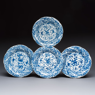 Four Chinese blue and white moulded plates with floral design, Kangxi