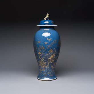 A Chinese gilt-decorated powder-blue-ground 'Phoenix among Blossoming Branches' vase, Qianlong