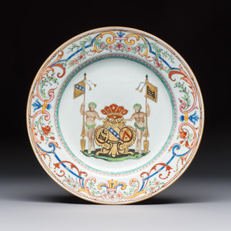 A Chinese famille rose armorial dish with the arms of Goos de Ghyseghem, Vecquemans and Golbeau for the Belgian market, Yongzheng/Qianlong
