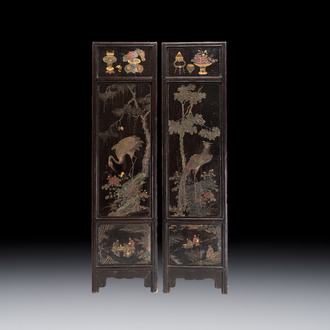 Two large Chinese coromandel lacquer panels with narrative and bird design, signed Huang Enchang 黃恩長, Qianlong, dated 1756