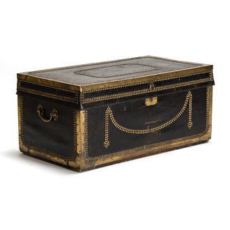 A Chinese export brass-bound black leather travel trunk, 19th C.