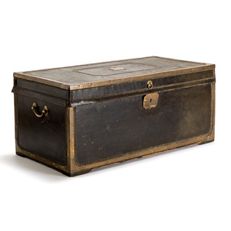 A large Chinese export brass-bound black leather travel trunk with engraved 'H.H.J. Coops' plaque, 19th C.