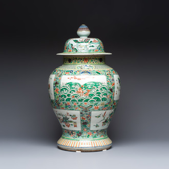 A large Chinese famille verte baluster vase and cover with animals, flowers and antiquities, Chenghua mark, 19th C.