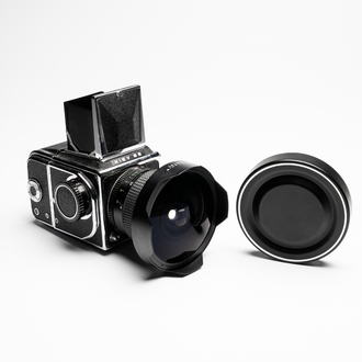 A Kiev 88 with Zodiak-B 30mm F3.5 fisheye lens, waist-level viewfinder and film back