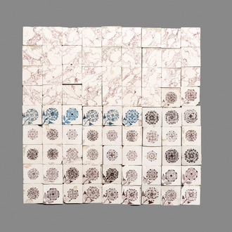 81 blue, white and manganese Dutch Delft tiles, 18th C.