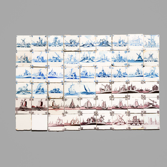 54 blue, white and manganese Dutch Delft tiles, 18th C.