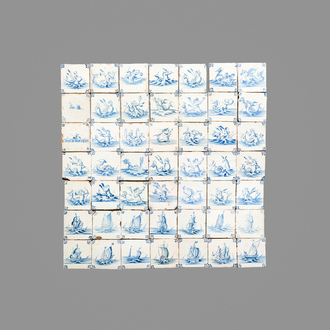 49 blue and white Dutch Delft 'Sea Creatures' tiles, 17th C.