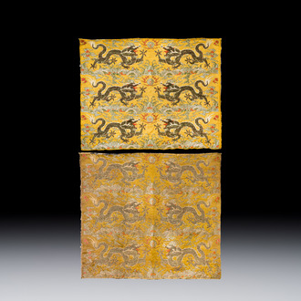 Two Chinese yellow-ground kesi silk 'Dragon' panels, late Ming