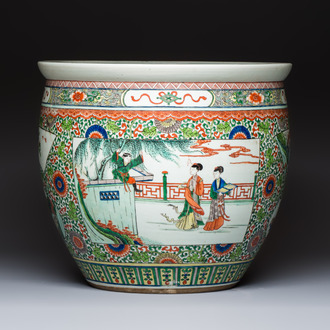 A Chinese famille verte 'Zhu Lin Qi Xian 竹林七賢' and 'Xi Xiang Ji' fish bowl or jardinière, 19th C.