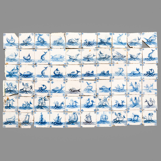 60 blue and white Dutch Delft 'Sea Creatures' and 'Ship' tiles, 18th C.